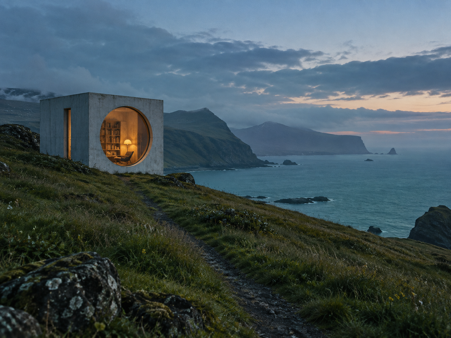 海边绿色山坡上的圆窗阅读小屋，室内透出暖光